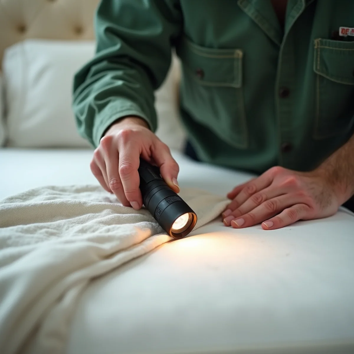Bed bug inspection of a mattress seam with a flashlight
