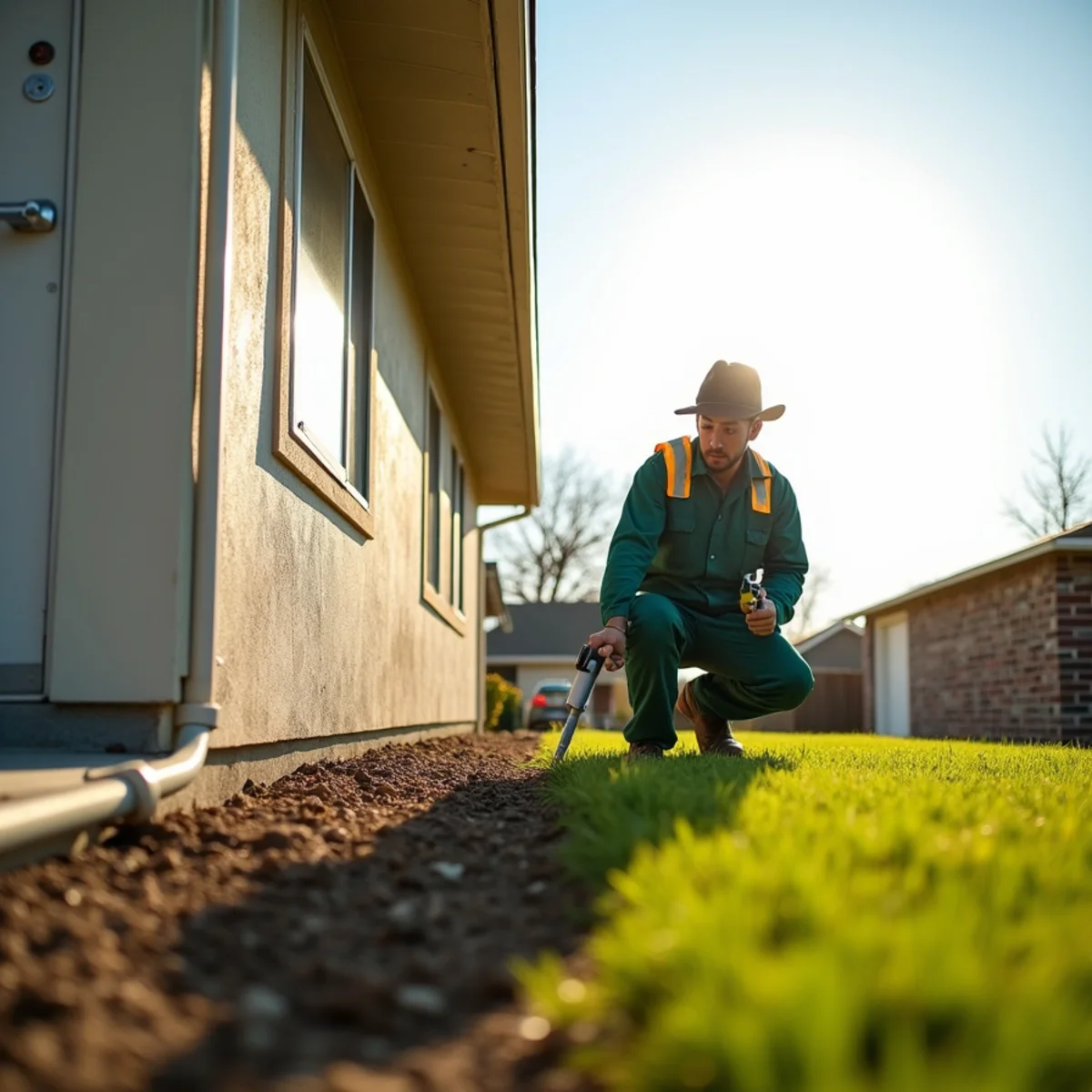 Pest control technician treating the foundation perimeter of a Fresno home
