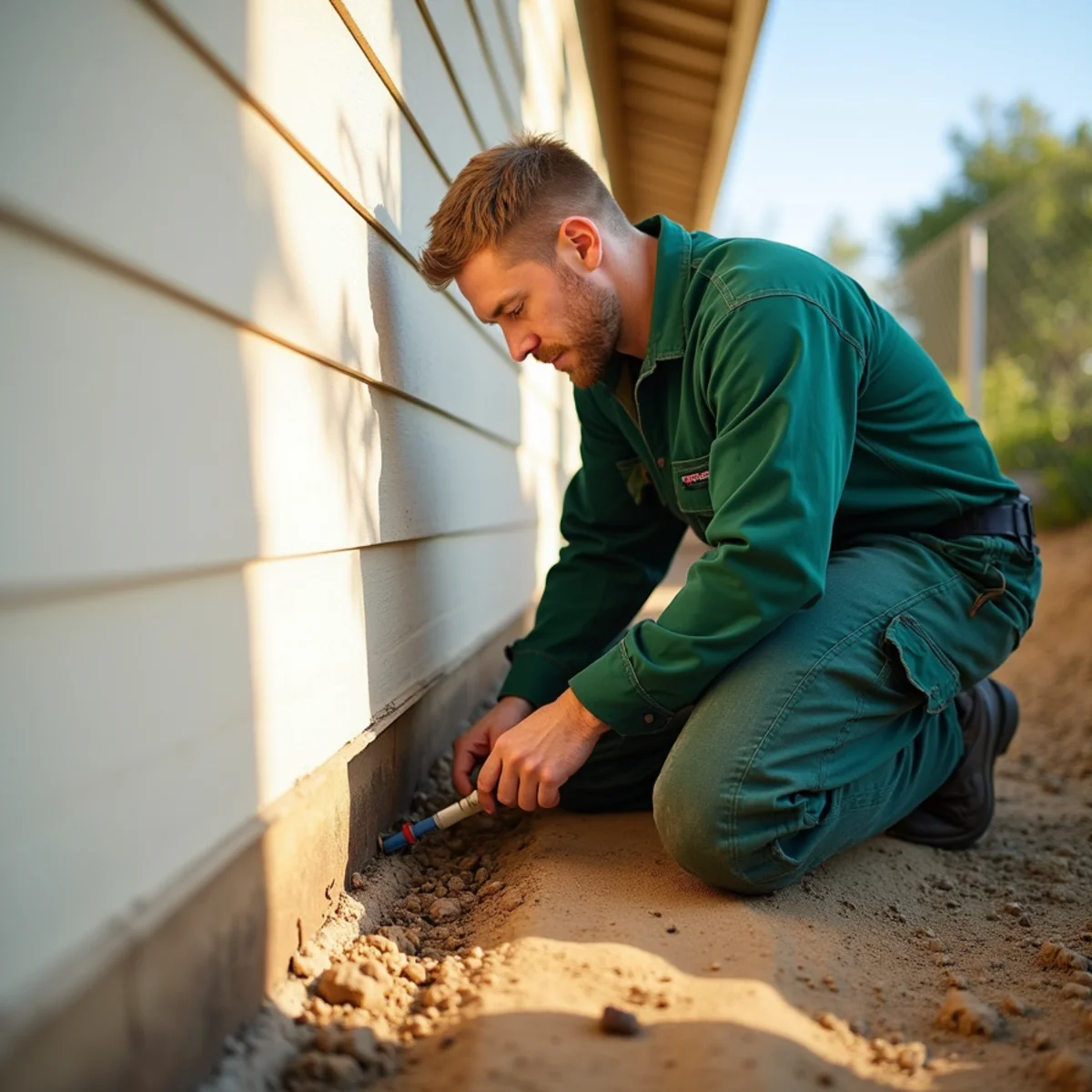 Technician inspecting a Fresno home foundation for subterranean termite mud tubes