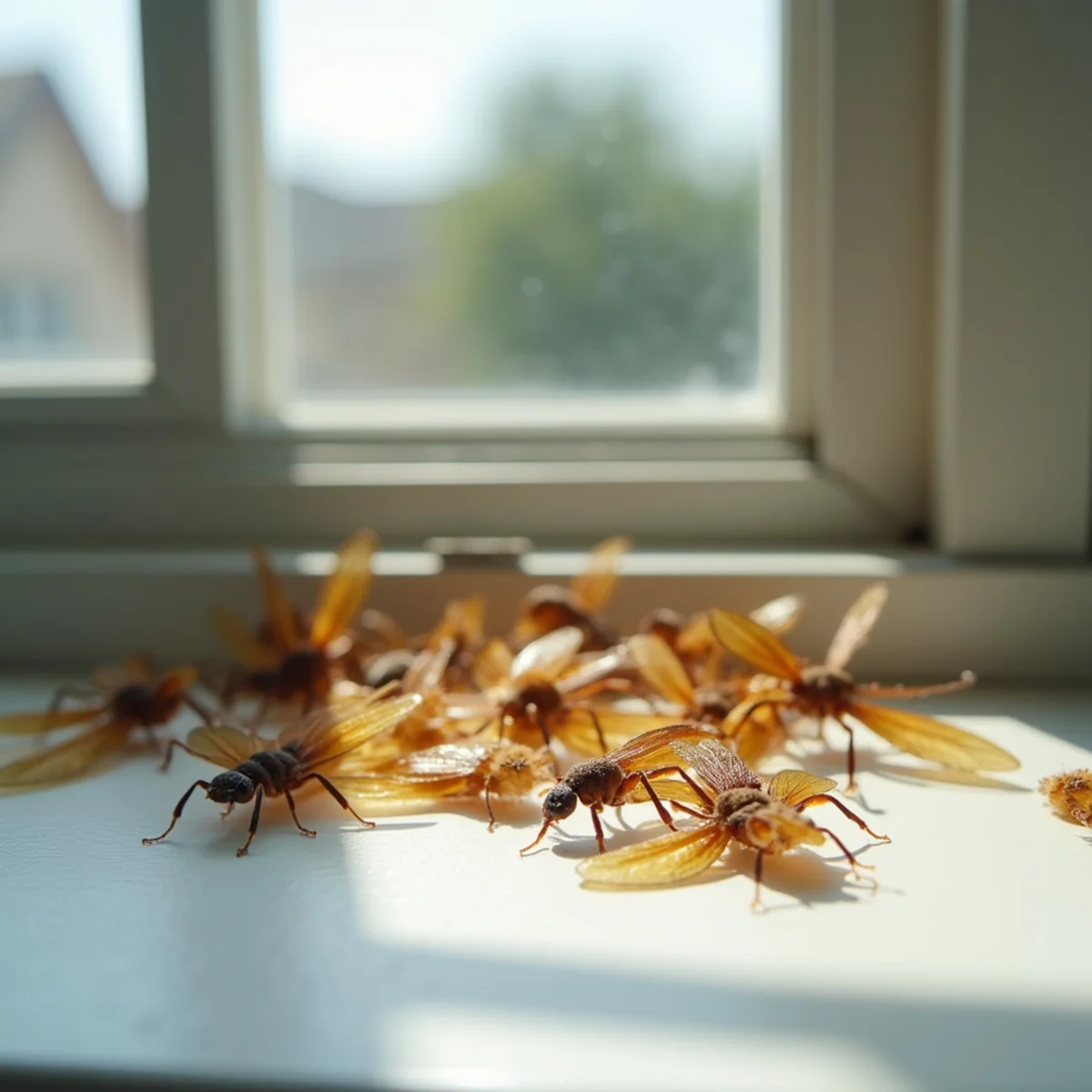 Discarded drywood termite swarmer wings on a Fresno windowsill
